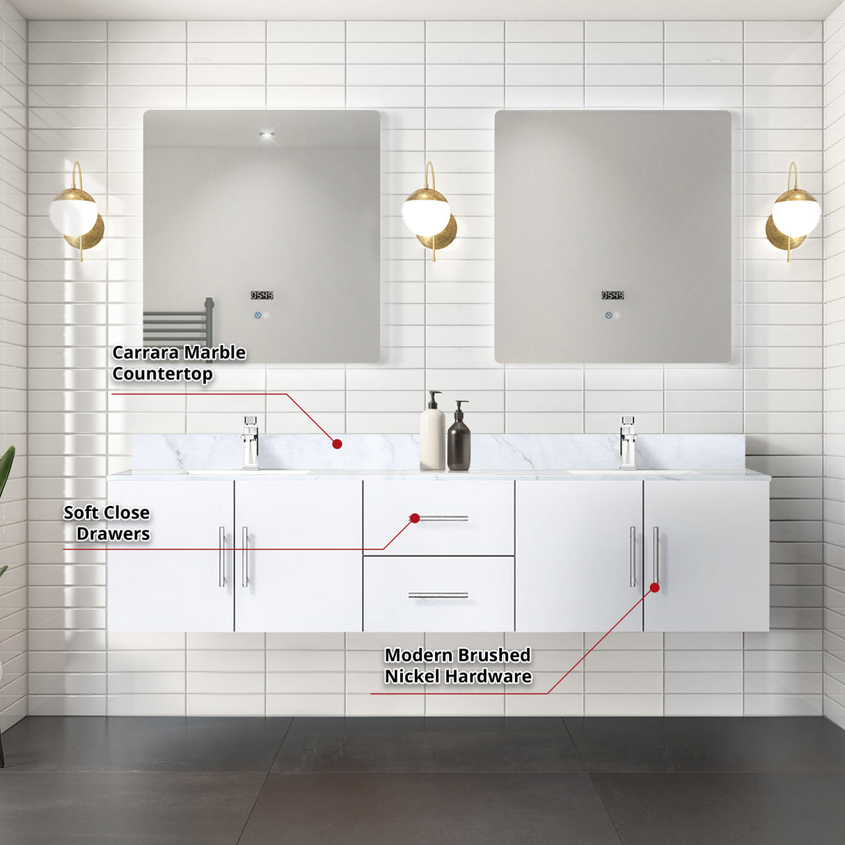 Geneva 80 in. Bathroom Floating Bathroom Vanity With Undermount Ceramic Sink With White Carrara Marble Top