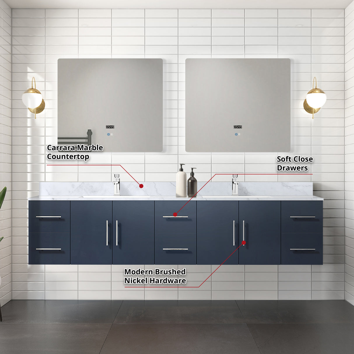 Geneva 84 in. Bathroom Floating Bathroom Vanity With Undermount Ceramic Sink With White Carrara Marble Top