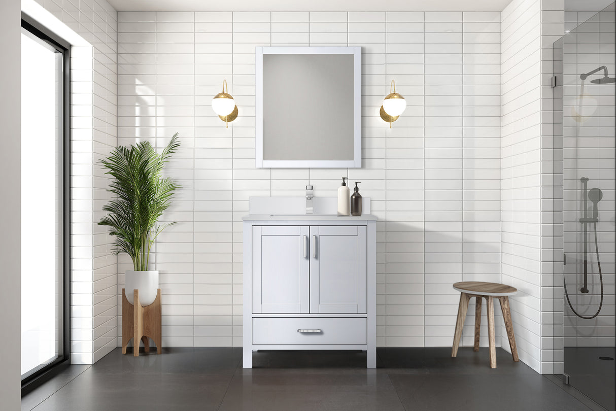 Jacques 30" White Single Vanity, White Quartz Top, White Square Sink and 28" Mirror