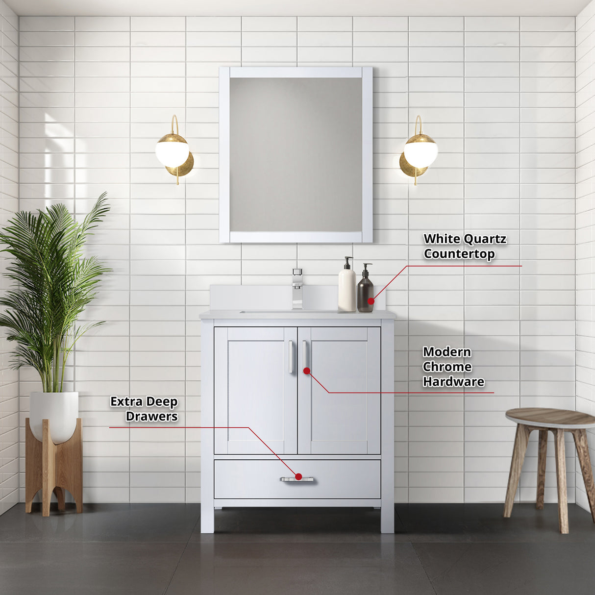 Jacques 30 in. Freestanding Bathroom Vanity with White Quartz Top, White Square Sink