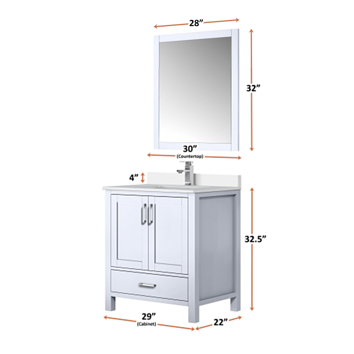 Jacques 30" White Single Vanity, White Quartz Top, White Square Sink and 28" Mirror w/ Faucet