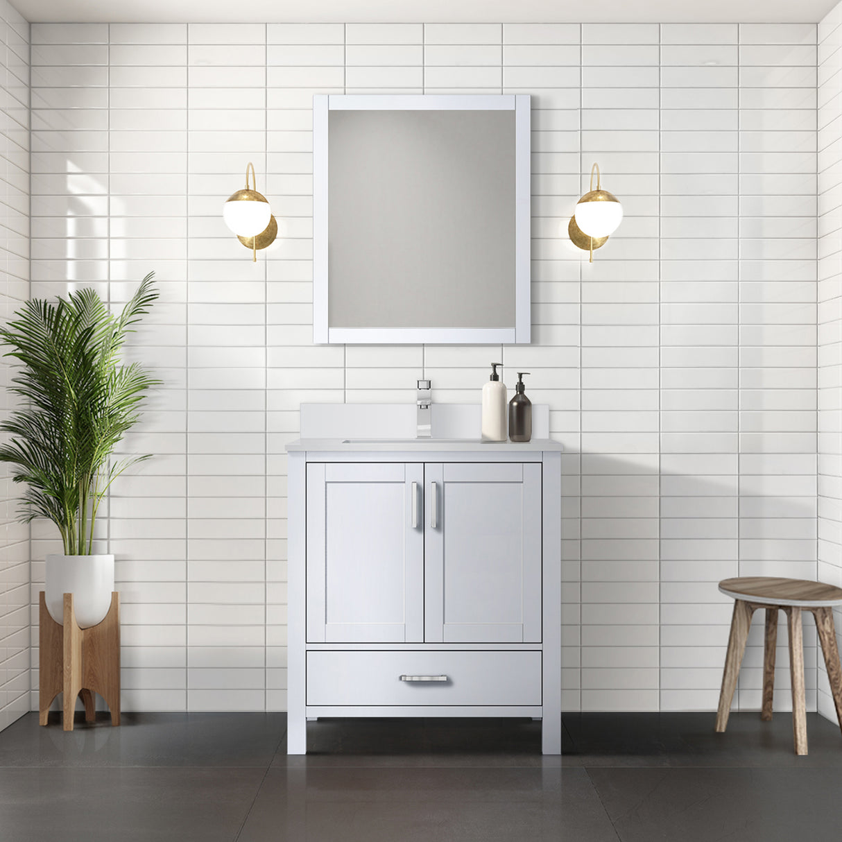Jacques 30" White Single Vanity, White Quartz Top, White Square Sink and 28" Mirror w/ Faucet