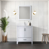 Jacques 30" White Single Vanity, White Quartz Top, White Square Sink and 28" Mirror w/ Faucet