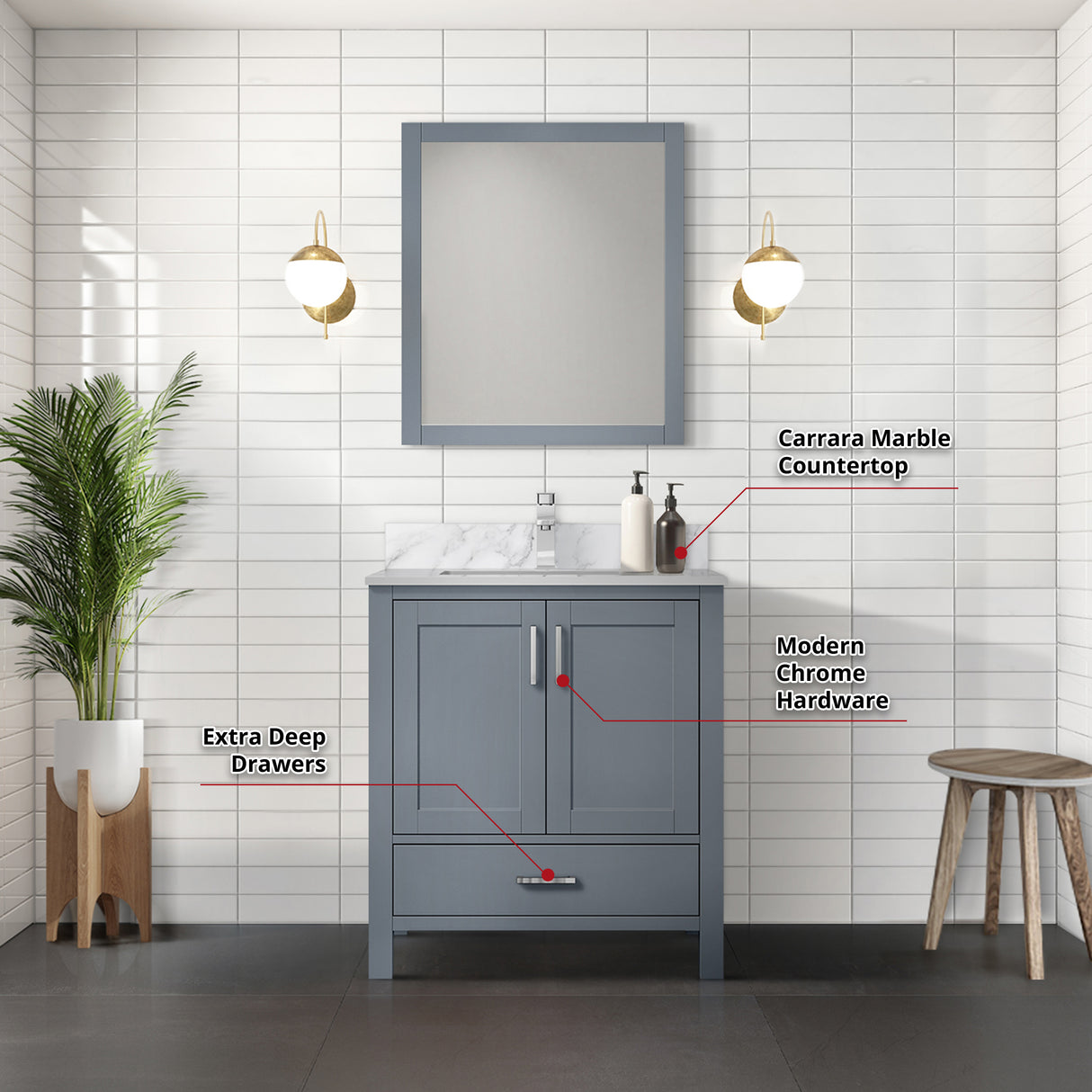 Jacques 30 in. Bathroom Freestanding Bathroom Vanity With Undermount Ceramic Sink, White Carrara Marble