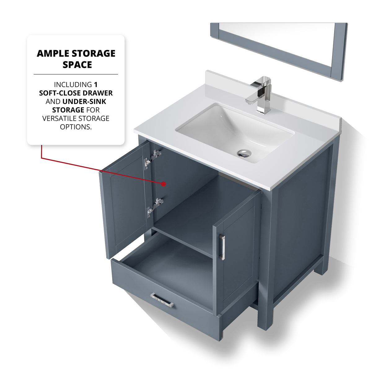 Jacques 30" Dark Grey Single Vanity, White Quartz Top, White Square Sink and 28" Mirror w/ Faucet