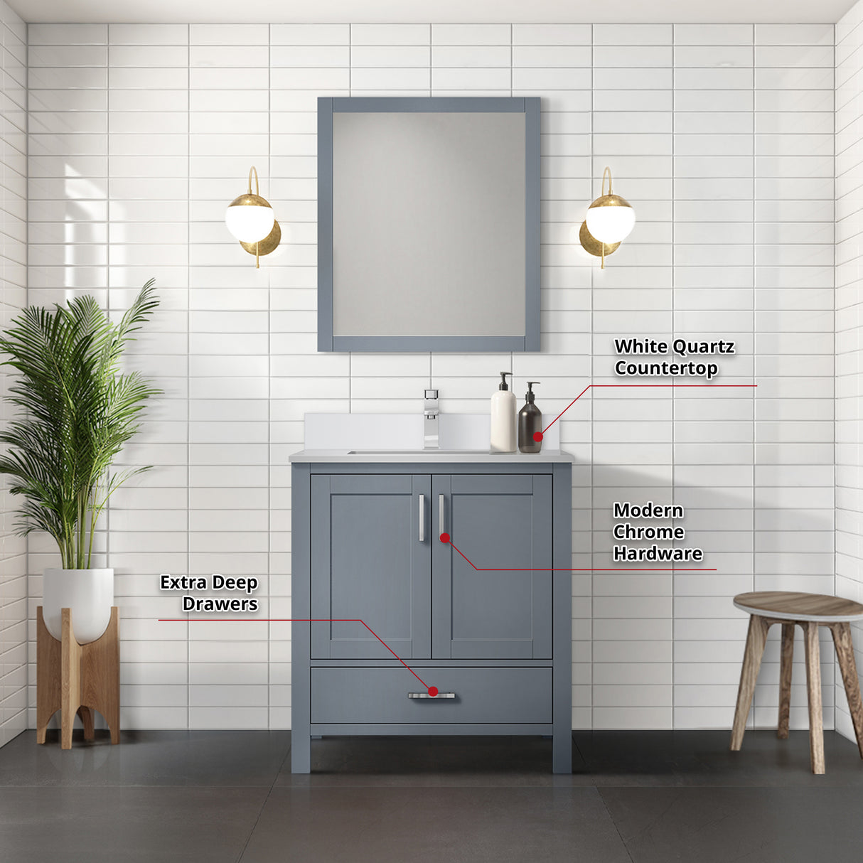 Jacques 30" Dark Grey Single Vanity, White Quartz Top, White Square Sink and 28" Mirror