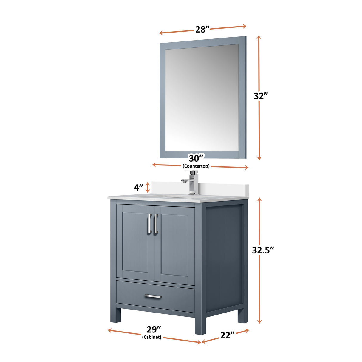 Jacques 30" Dark Grey Single Vanity, White Quartz Top, White Square Sink and 28" Mirror w/ Faucet