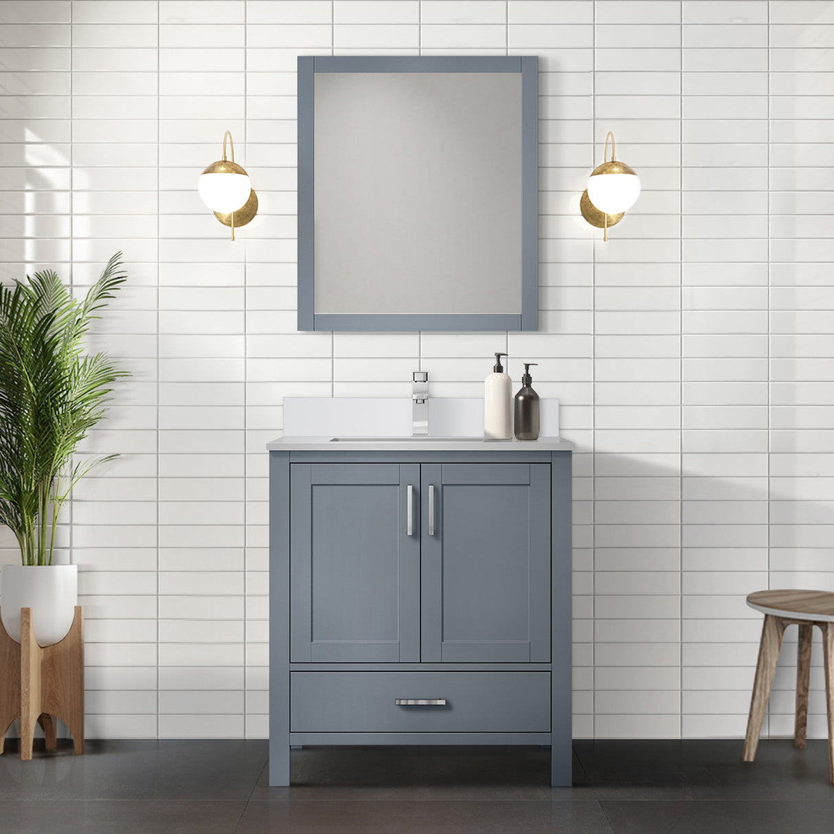 Jacques 30" Dark Grey Single Vanity, White Quartz Top, White Square Sink and 28" Mirror w/ Faucet