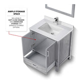Jacques 30" Distressed Grey Single Vanity, White Quartz Top, White Square Sink and 28" Mirror w/ Faucet