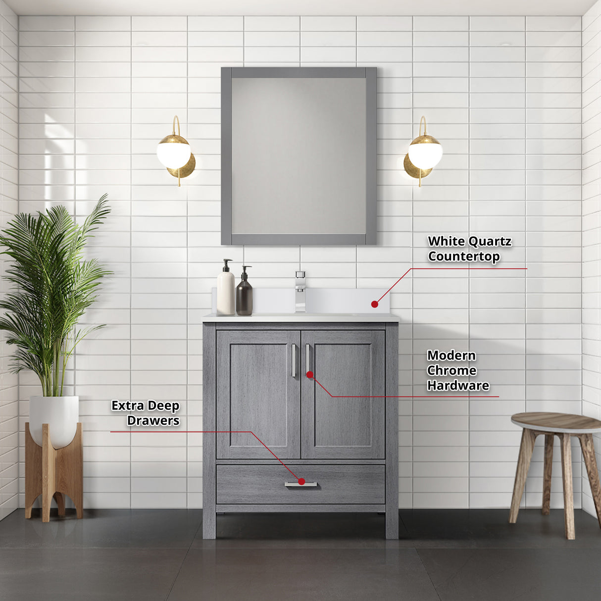 Jacques 30 in. Freestanding Bathroom Vanity with White Quartz Top, White Square Sink