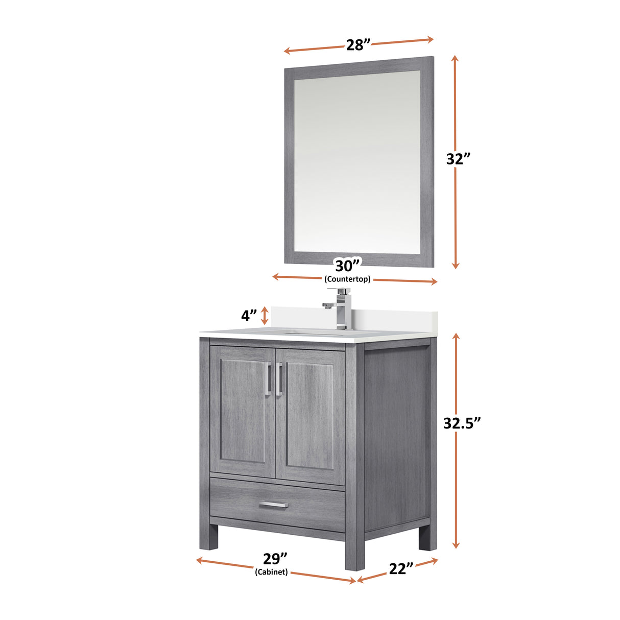 Jacques 30" Distressed Grey Single Vanity, White Quartz Top, White Square Sink and 28" Mirror