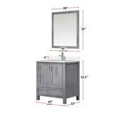 Jacques 30" Distressed Grey Single Vanity, White Quartz Top, White Square Sink and 28" Mirror