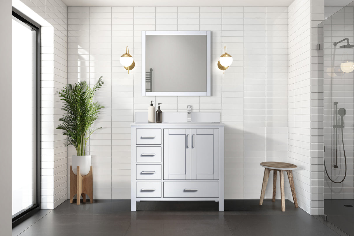 Jacques 36" White Single Vanity, White Quartz Top, White Square Sink and 34" Mirror - Right Version