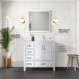 Jacques 36" White Single Vanity, White Quartz Top, White Square Sink and 34" Mirror w/ Faucet - Right Version