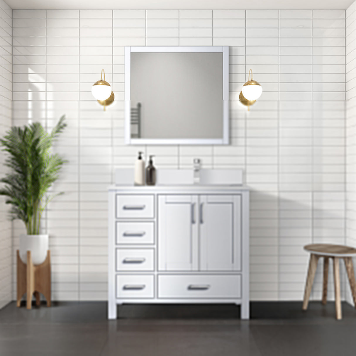 Jacques 36" White Single Vanity, White Quartz Top, White Square Sink and 34" Mirror w/ Faucet - Right Version