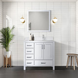 Jacques 36" White Single Vanity, White Quartz Top, White Square Sink and 34" Mirror w/ Faucet - Right Version