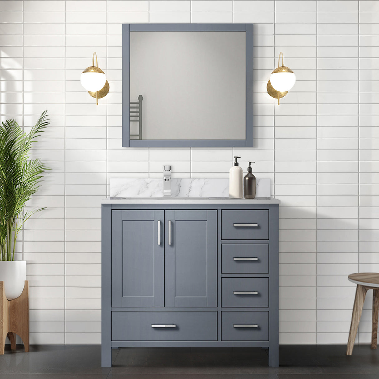 Jacques Navy 30 in. Left Freestanding Bathroom Vanity with White Carrara Marble Top, White Square Sink