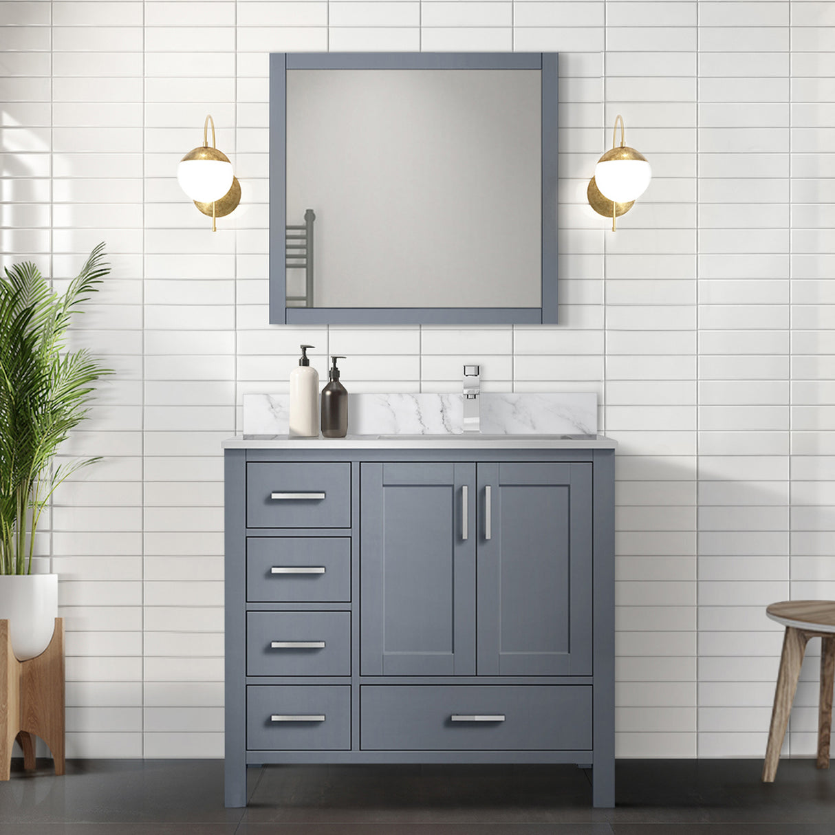 Jacques 30 in. Right Freestanding Bathroom Vanity with White Carrara Marble Top, White Square Sink
