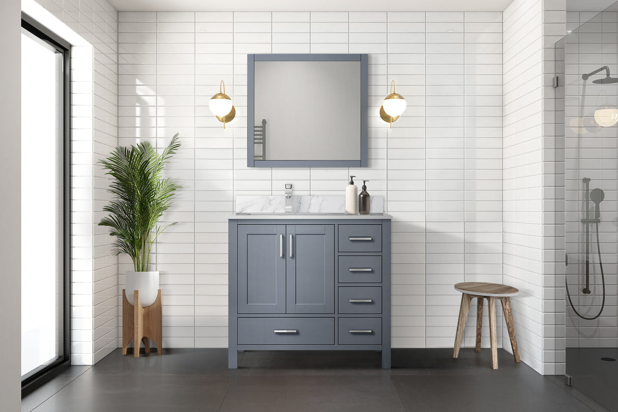 Jacques Navy 30 in. Left Freestanding Bathroom Vanity with White Carrara Marble Top, White Square Sink