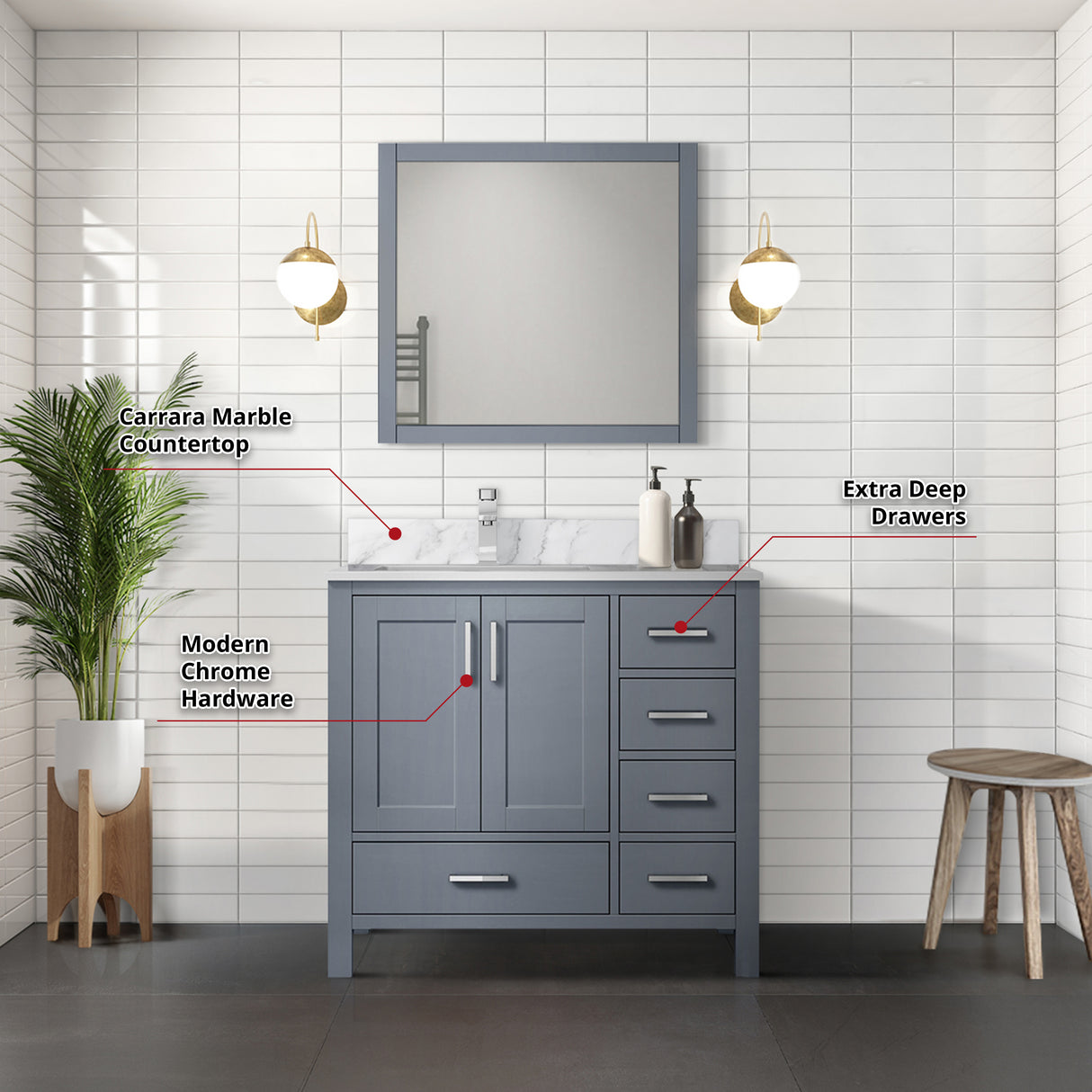 Jacques Navy 30 in. Left Freestanding Bathroom Vanity with White Carrara Marble Top, White Square Sink