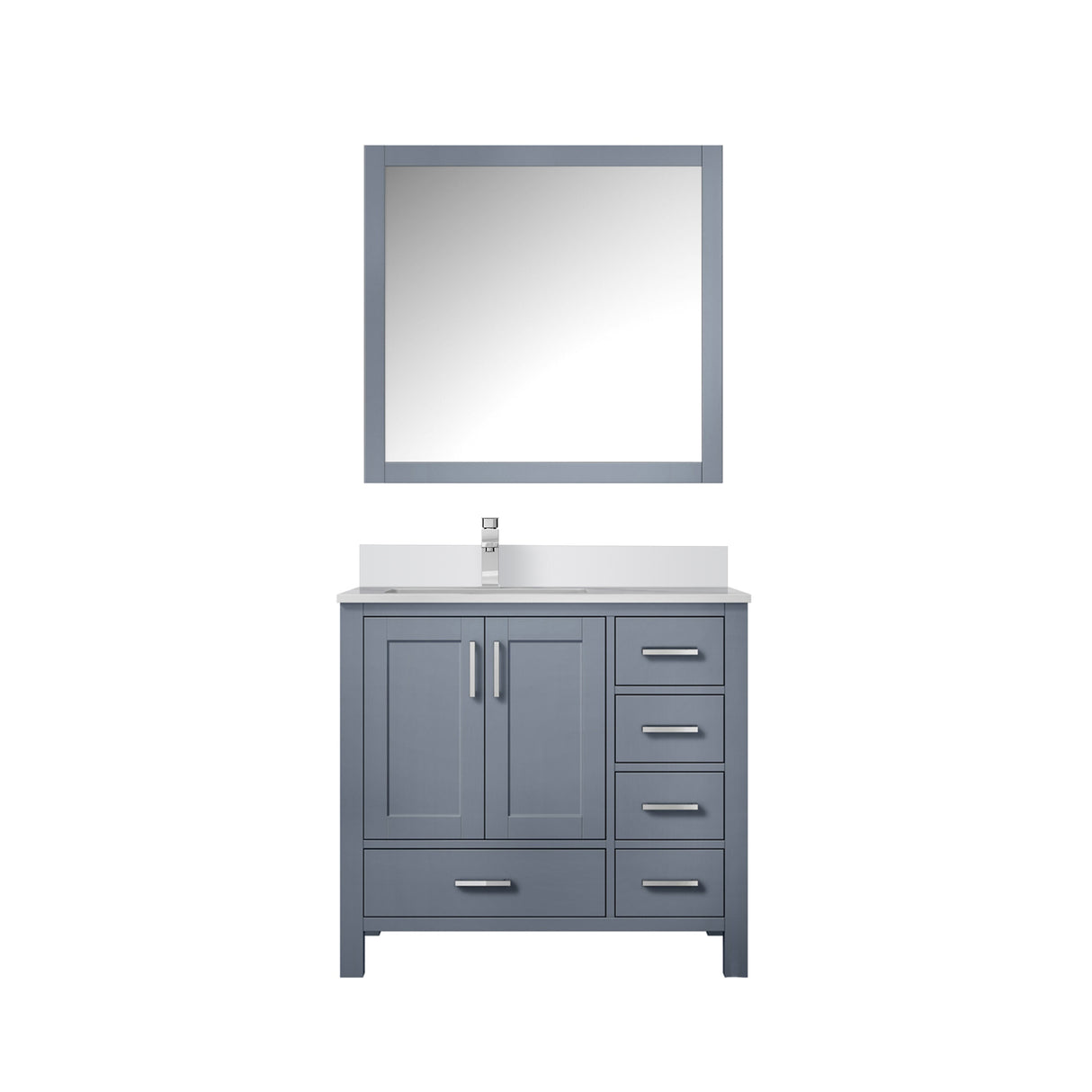Jacques 36" Dark Grey Single Vanity, White Quartz Top, White Square Sink and 34" Mirror w/ Faucet - Left Version