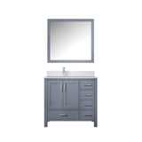 Jacques 36" Dark Grey Single Vanity, White Quartz Top, White Square Sink and 34" Mirror w/ Faucet - Left Version