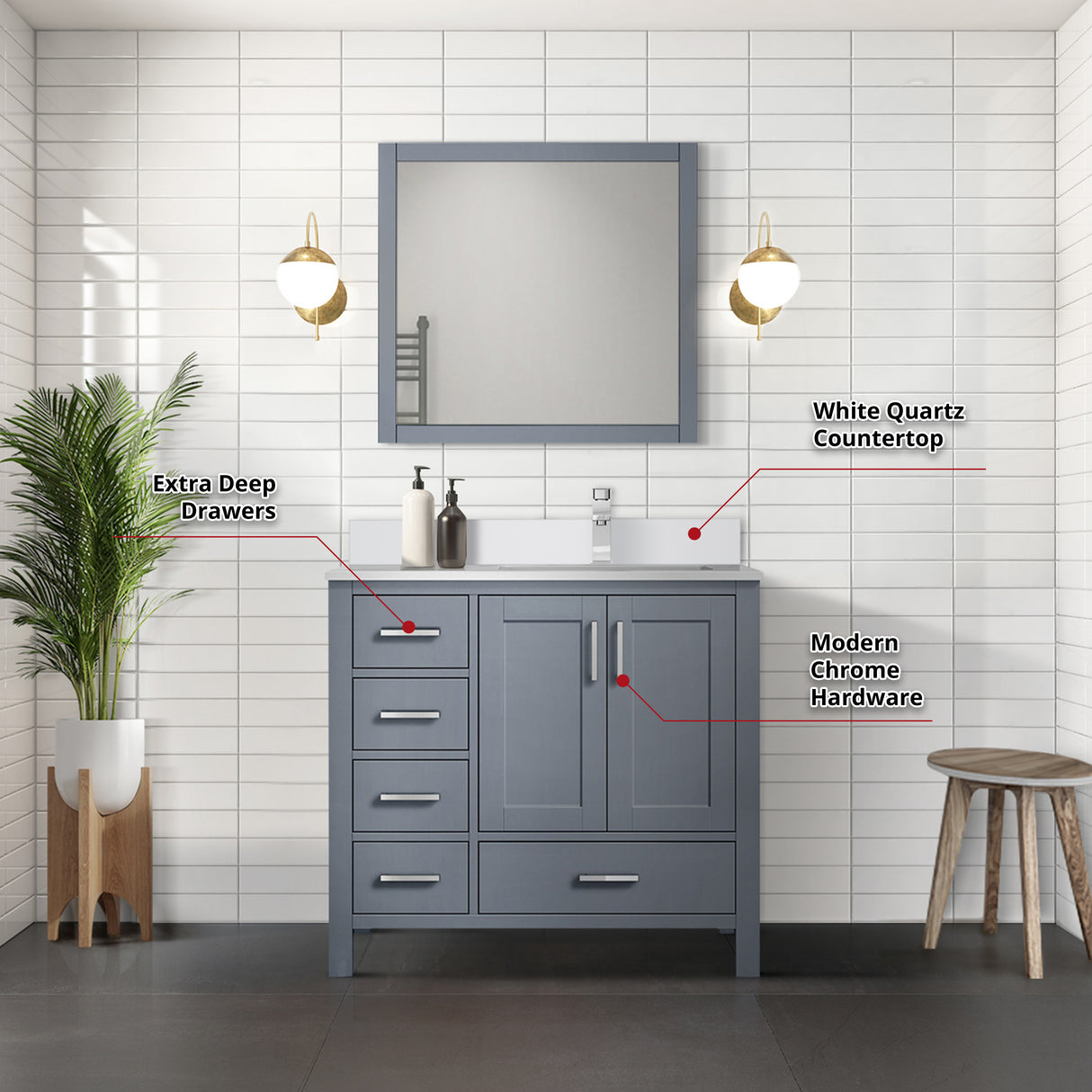 Jacques 30 in. Right Freestanding Bathroom Vanity with White Quartz Top, White Square Sink