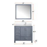 Jacques 36" Dark Grey Single Vanity, White Quartz Top, White Square Sink and 34" Mirror - Right Version