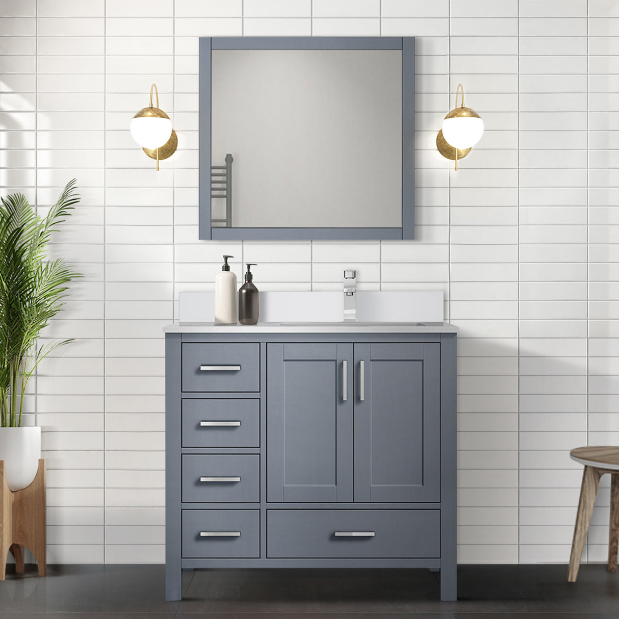 Jacques 36" Dark Grey Single Vanity, White Quartz Top, White Square Sink and 34" Mirror - Right Version
