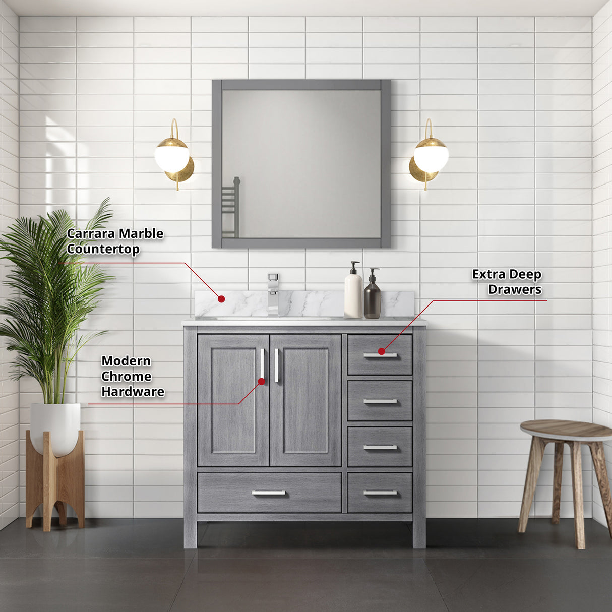 Jacques Navy 30 in. Left Freestanding Bathroom Vanity with White Carrara Marble Top, White Square Sink