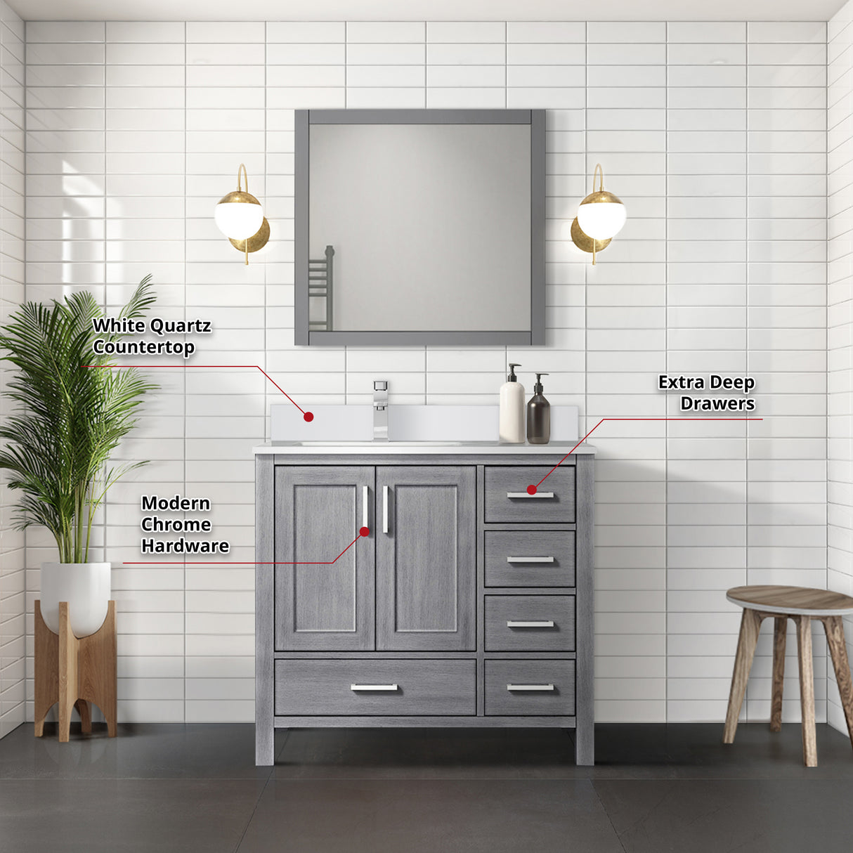 Jacques 36" Distressed Grey Single Vanity, White Quartz Top, White Square Sink and 34" Mirror - Left Version