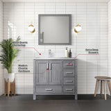 Jacques 36" Distressed Grey Single Vanity, White Quartz Top, White Square Sink and 34" Mirror - Left Version