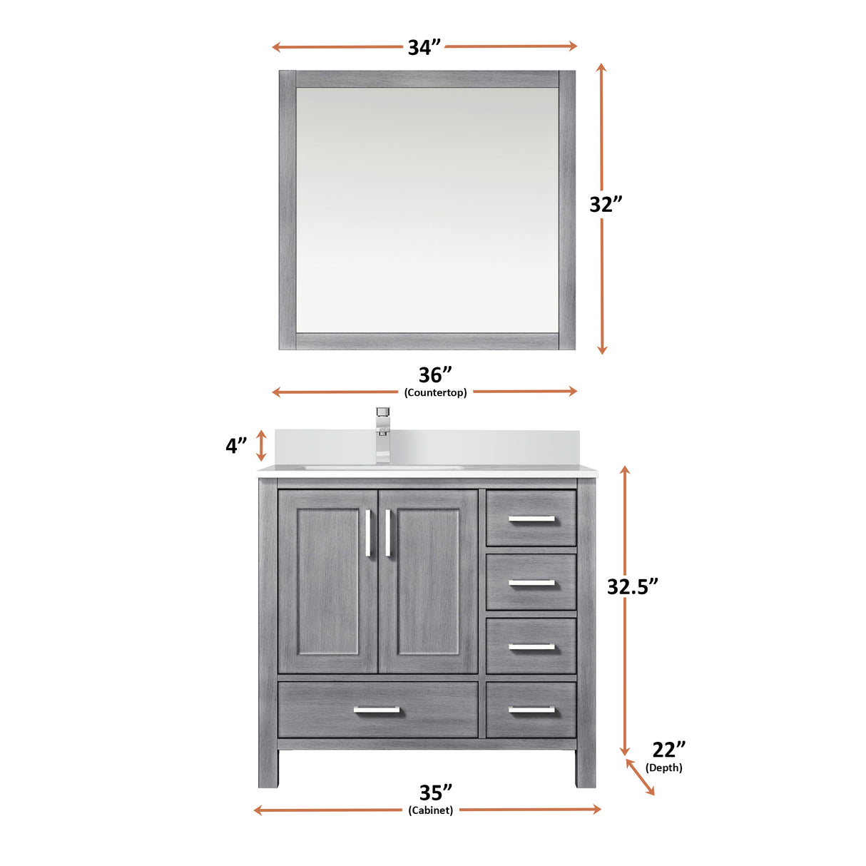 Jacques 36" Distressed Grey Single Vanity, White Quartz Top, White Square Sink and 34" Mirror - Left Version