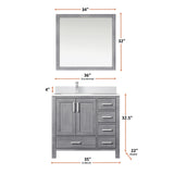 Jacques 36" Distressed Grey Single Vanity, White Quartz Top, White Square Sink and 34" Mirror - Left Version