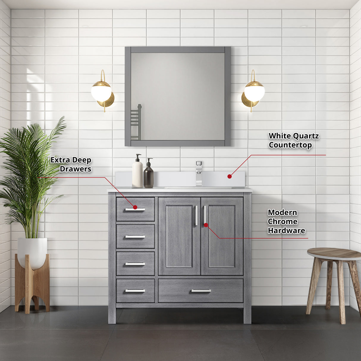 Jacques 36" Distressed Grey Single Vanity, White Quartz Top, White Square Sink and 34" Mirror - Right Version