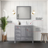 Jacques 36" Distressed Grey Single Vanity, White Quartz Top, White Square Sink and 34" Mirror w/ Faucet - Right Version