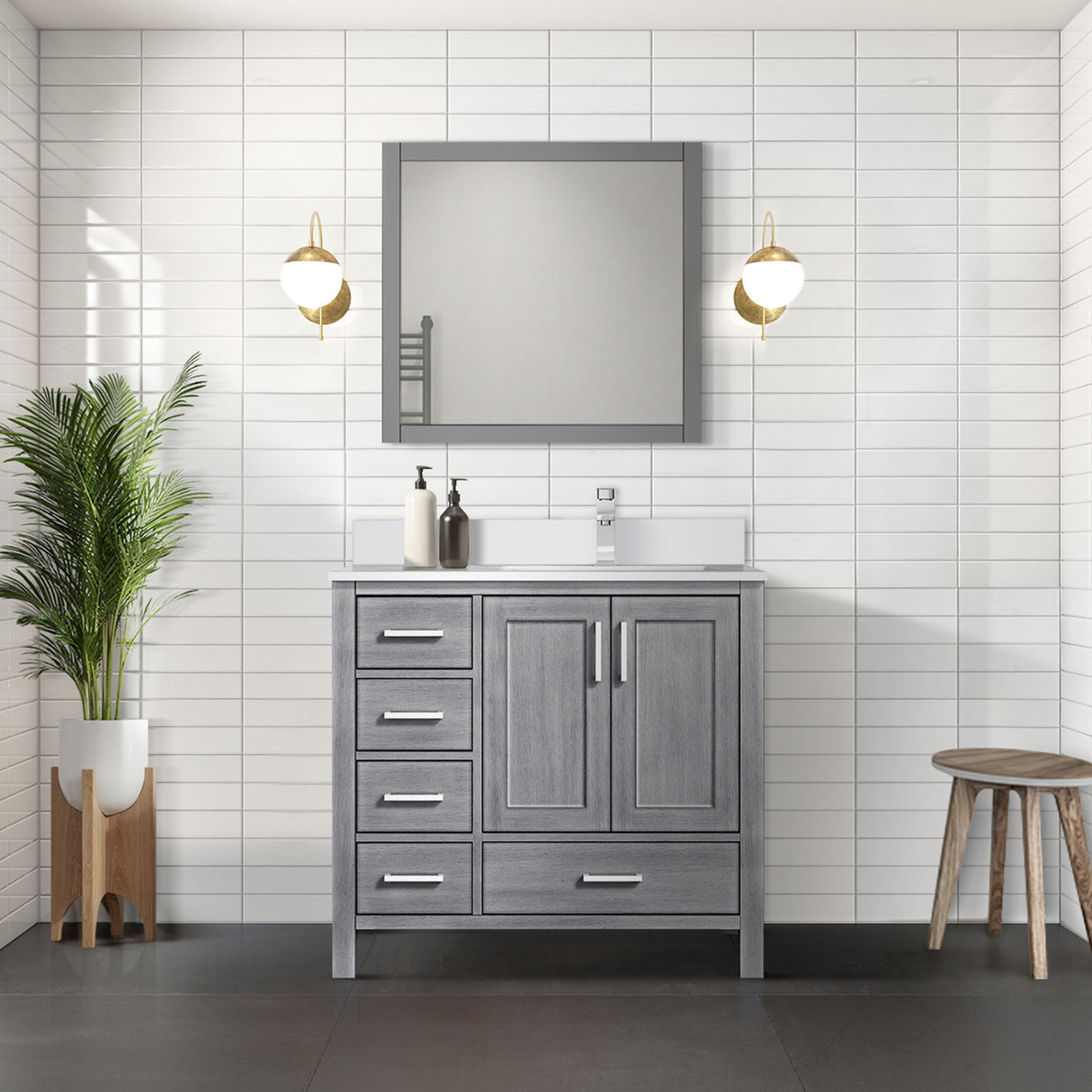 Jacques 36" Distressed Grey Single Vanity, White Quartz Top, White Square Sink and 34" Mirror w/ Faucet - Right Version