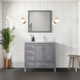 Jacques 36" Distressed Grey Single Vanity, White Quartz Top, White Square Sink and 34" Mirror w/ Faucet - Right Version