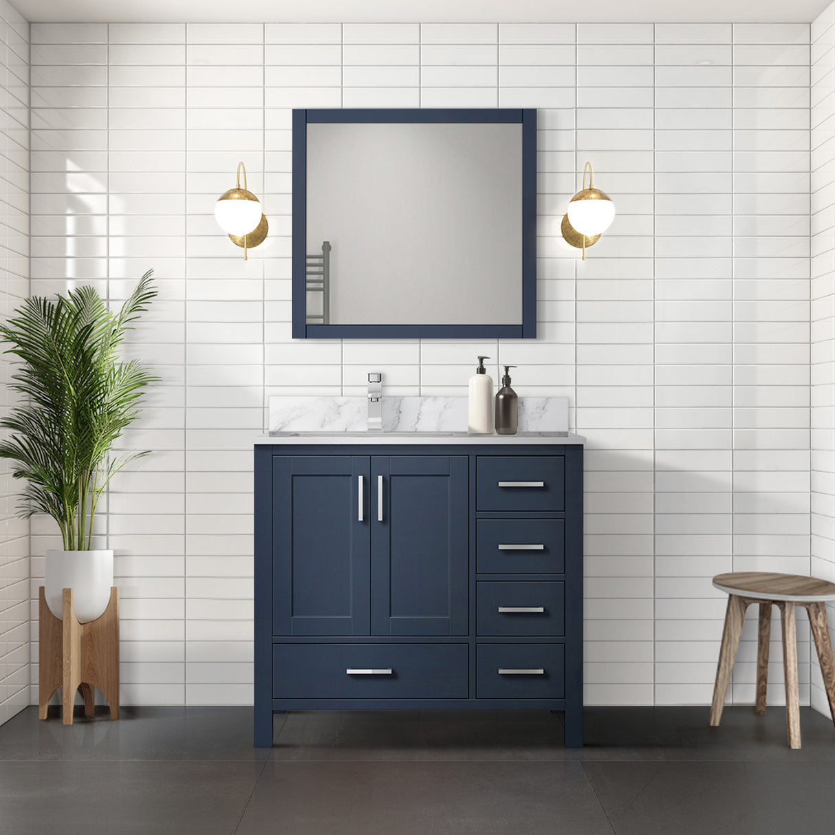 Jacques Navy 30 in. Left Freestanding Bathroom Vanity with White Carrara Marble Top, White Square Sink