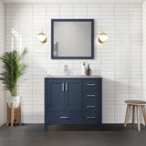 Jacques Navy 30 in. Left Freestanding Bathroom Vanity with White Carrara Marble Top, White Square Sink