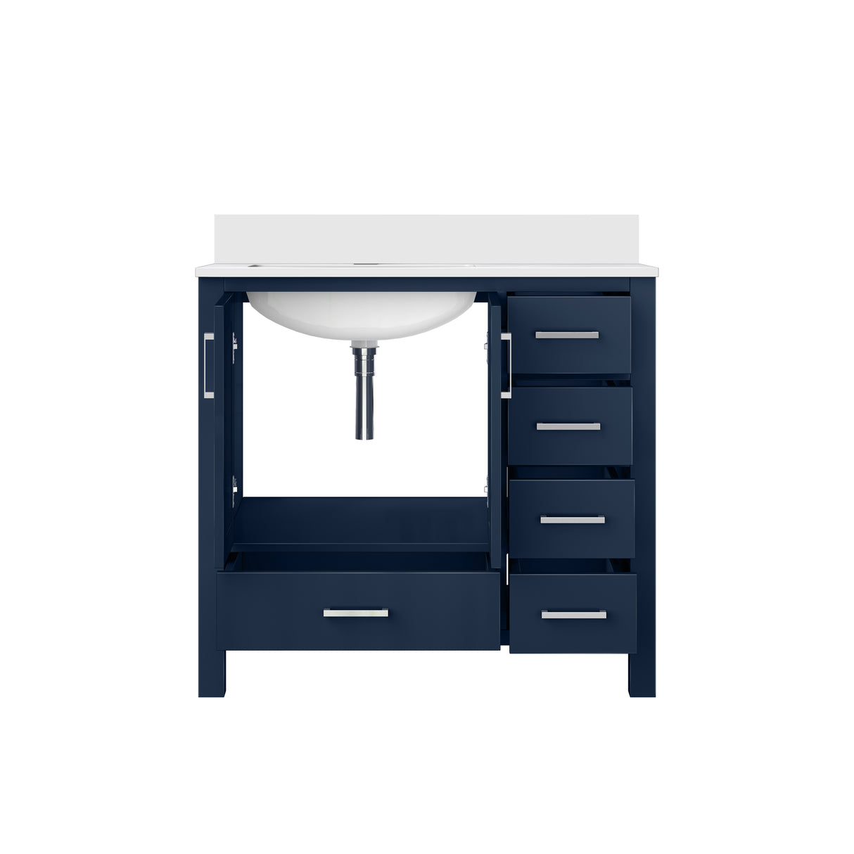 Jacques 36" Navy Blue Single Vanity, White Quartz Top, White Square Sink and 34" Mirror - Left Version
