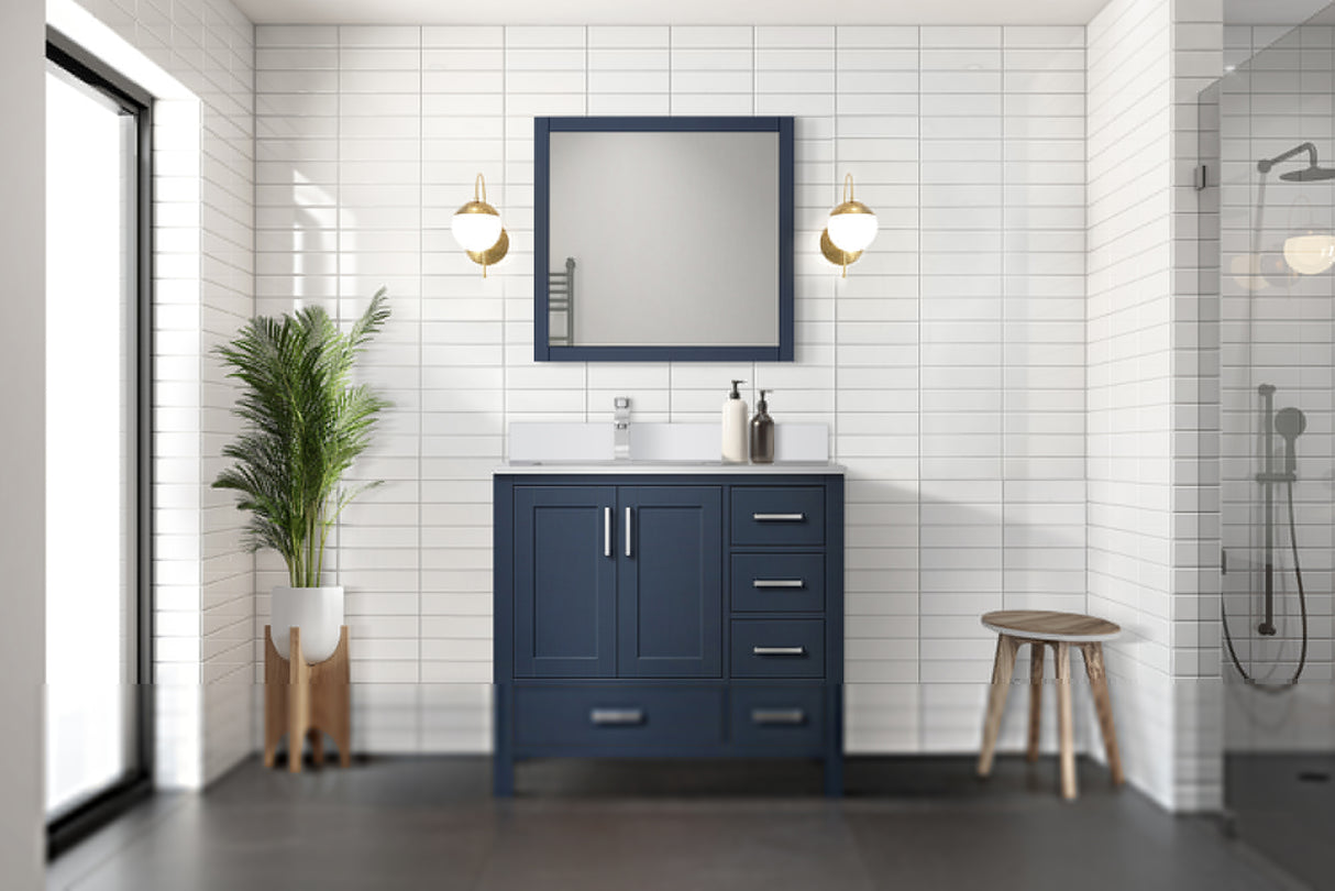 Jacques 36" Navy Blue Single Vanity, White Quartz Top, White Square Sink and 34" Mirror - Left Version