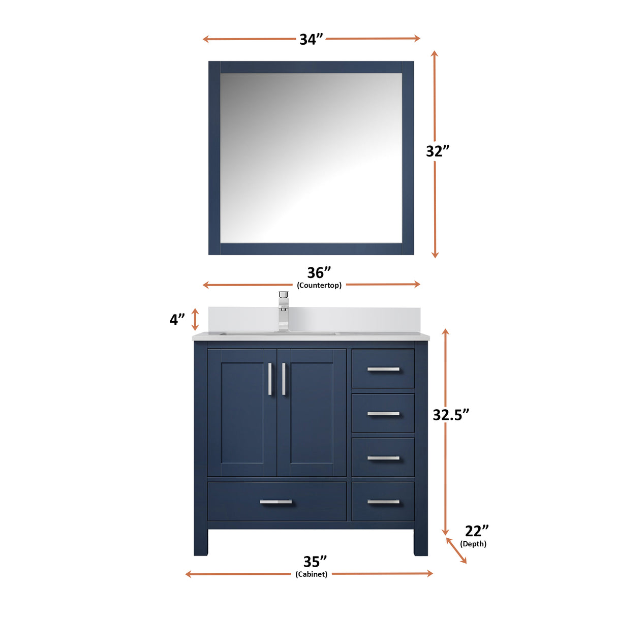 Jacques 36" Navy Blue Single Vanity, White Quartz Top, White Square Sink and 34" Mirror w/ Faucet - Left Version