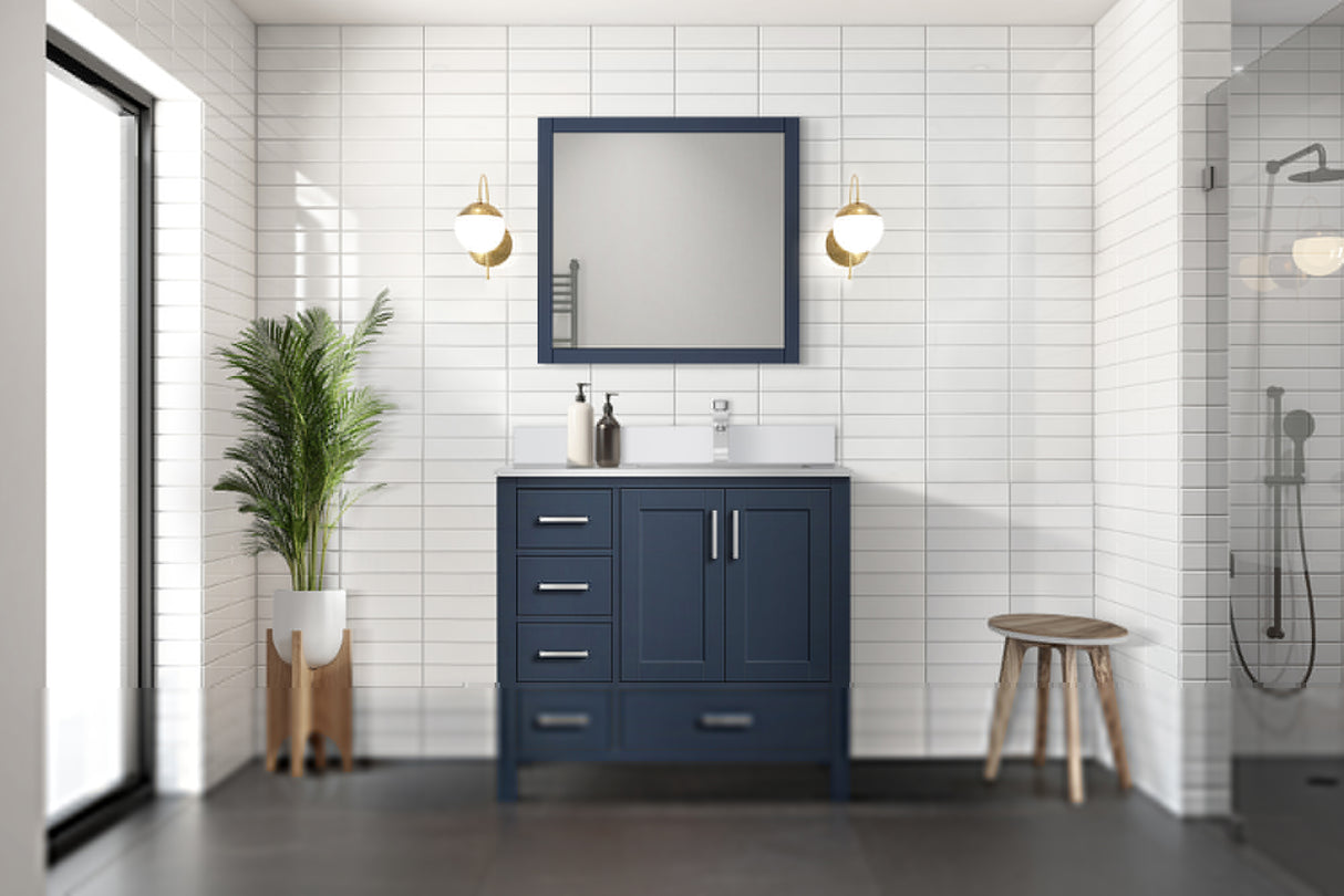 Jacques 36" Navy Blue Single Vanity, White Quartz Top, White Square Sink and 34" Mirror w/ Faucet - Right Version