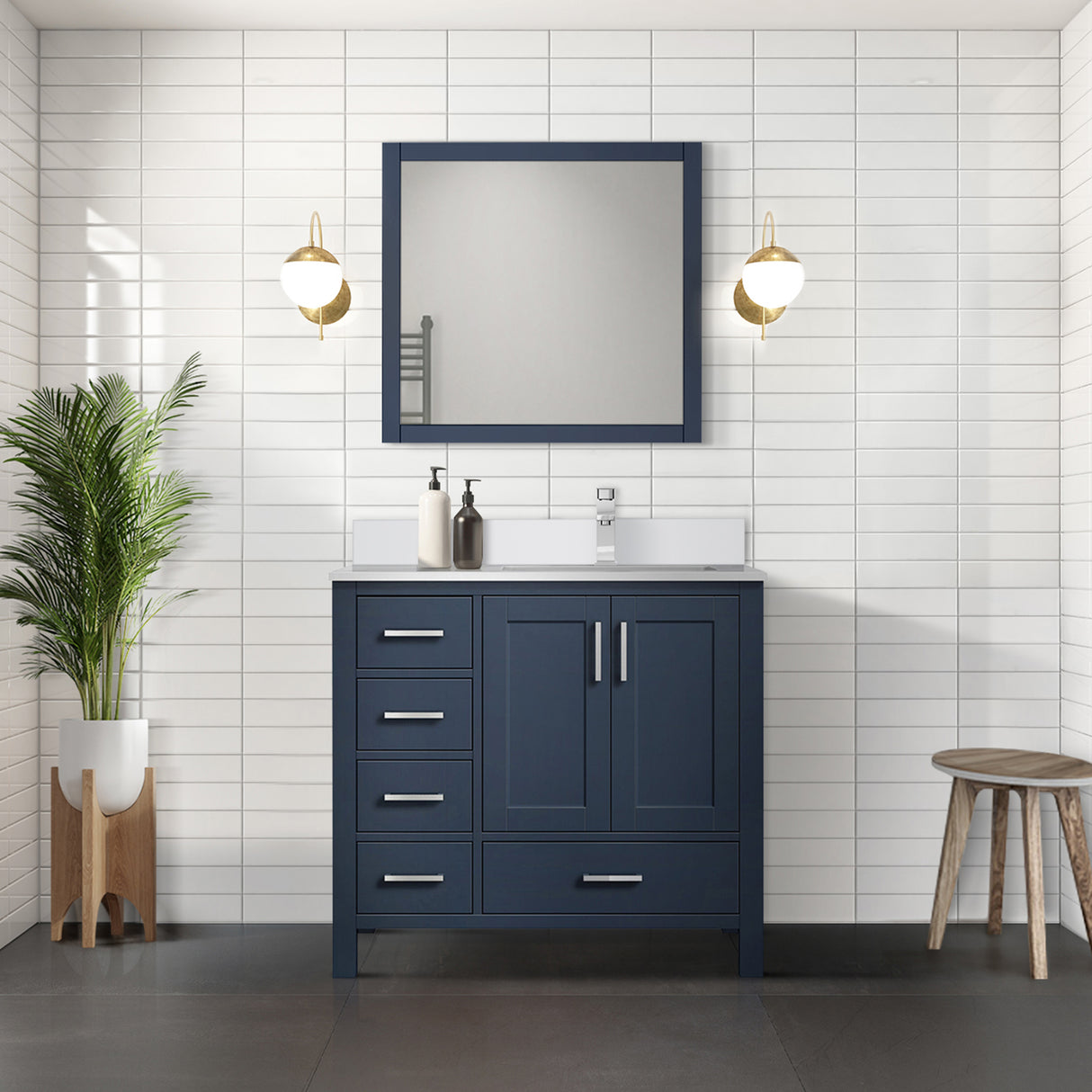 Jacques 36" Navy Blue Single Vanity, White Quartz Top, White Square Sink and 34" Mirror w/ Faucet - Right Version