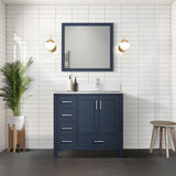 Jacques 36" Navy Blue Single Vanity, White Quartz Top, White Square Sink and 34" Mirror - Right Version