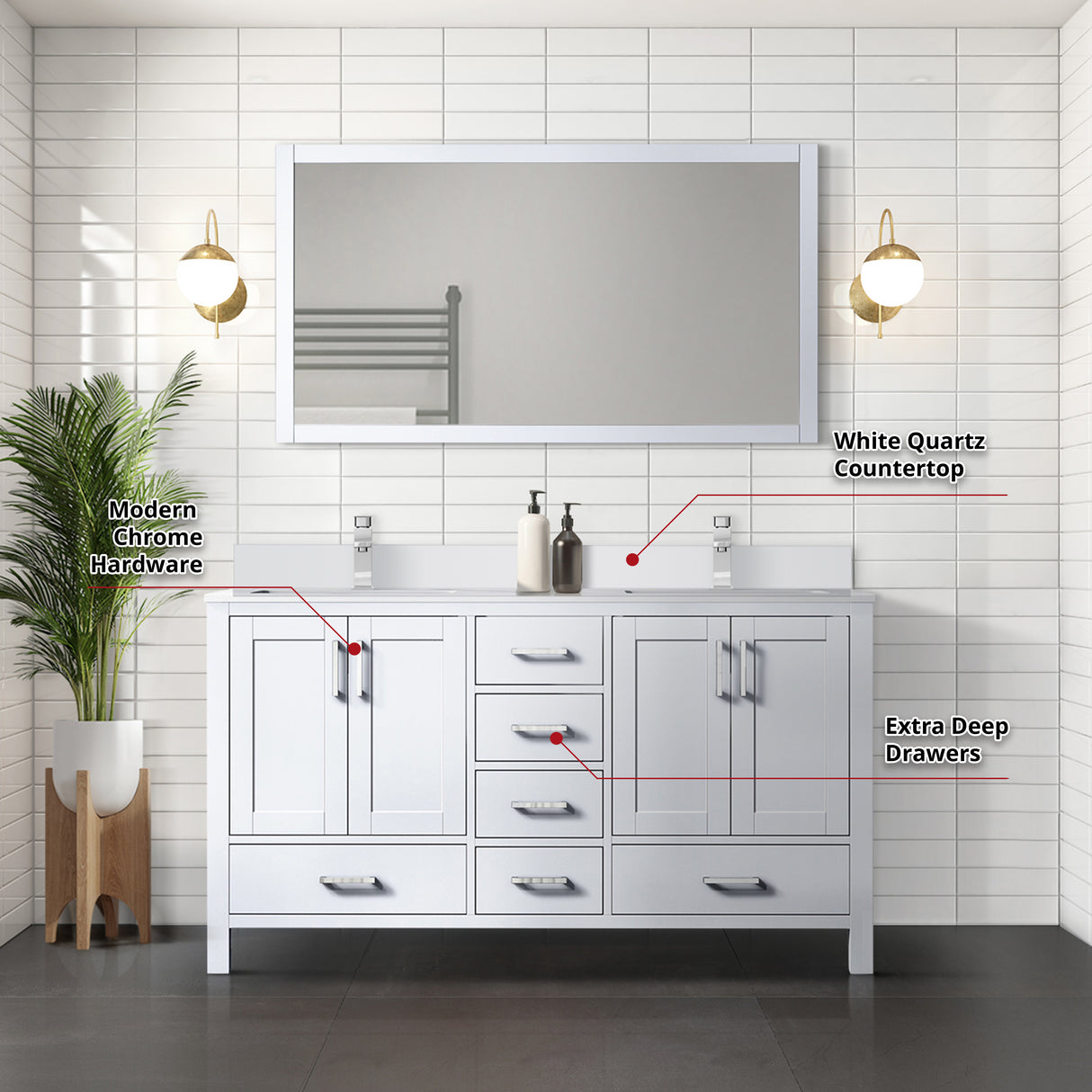 Jacques 60 in. Freestanding Bathroom Vanity with White Quartz Top, White Square Sink