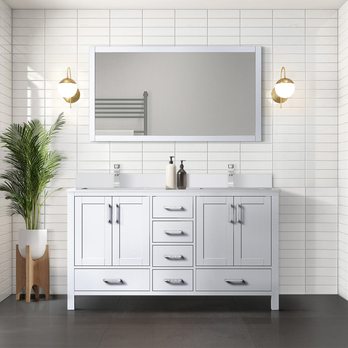 Jacques 60" White Double Vanity, White Quartz Top, White Square Sinks and 58" Mirror