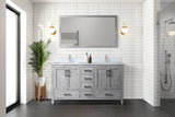 Jacques 60" Distressed Grey Double Vanity, White Quartz Top, White Square Sinks and 58" Mirror w/ Faucets