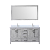 Jacques 60" Distressed Grey Double Vanity, White Quartz Top, White Square Sinks and 58" Mirror w/ Faucets